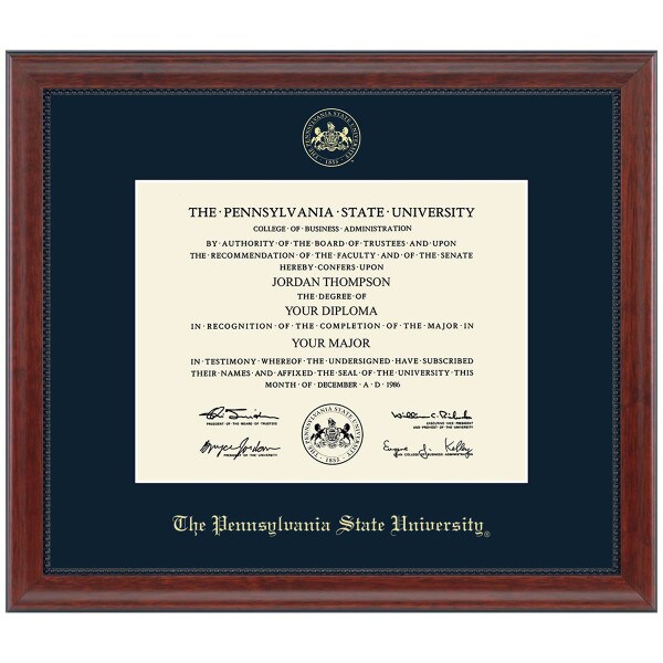 diploma frame #131, gold embossed seal The Pennsylvania State University, navy mat, Signature molding cherry finish